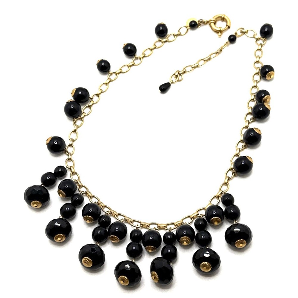LOREN HOPE Black Dangle Bead Bib Necklace Gold Tone Collar Statement 18" - 20"